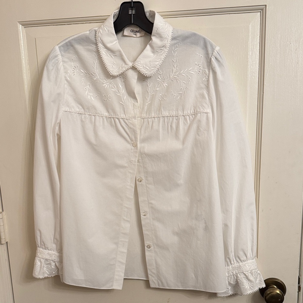 Celine Ivory Embroidered Button Down Shirt size 42